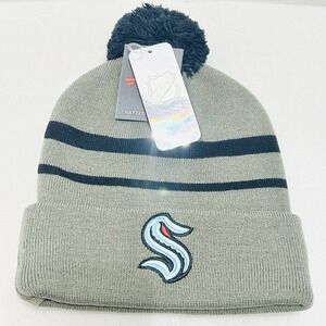 Fanatics Seattle Kraken Striped Beanie Hat Cap Pom Cuffed‎ Gray NHL Hockey